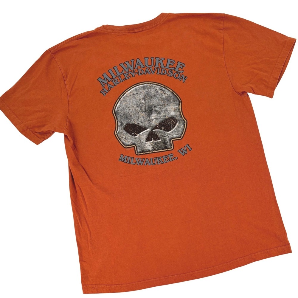 Y2K Harley‎ Davidson Skull Graphic Tee Orange Biker Motorcycle Shirt XL